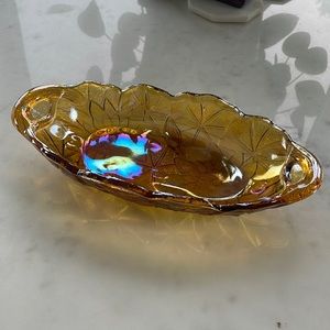 Vintage amber marigold Indiana carnival glass relish celery candy dish